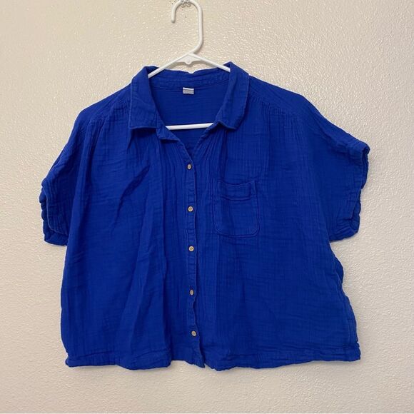 Old navy royal blue muslin gauze cotton button front Top blouse oversized crop M - Picture 2 of 9